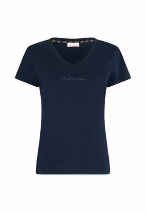 T-shirt in cotone blu navy con scollatura a V, maniche corte e logo 'iconico' in strass sulla parte anteriore. Texture liscia e forma aderente.