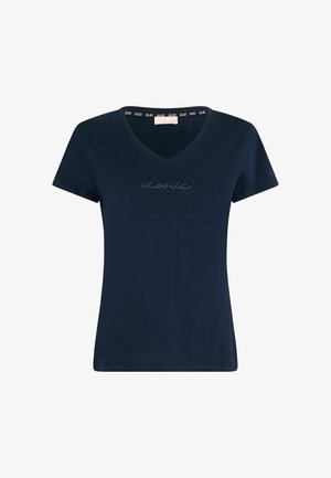 T-shirt in cotone blu navy con scollatura a V, maniche corte e logo 'iconico' in strass sulla parte anteriore. Texture liscia e forma aderente.