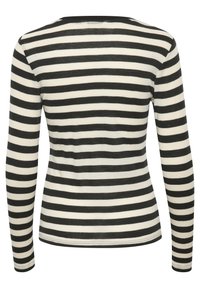 Langarmshirt mit schwarz-weißen horizontalen Streifen, rundem Ausschnitt und weichem Stoff mit leicht durchscheinender Textur.