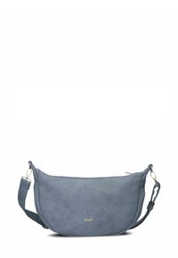 Borsa a tracolla in pelle blu con design curvo, hardware in argento e superficie testurizzata. Include tracolla regolabile. Logo del marchio visibile.