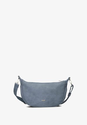 Blue leather crossbody bag with a curved design, silver hardware, and a textured surface. Adjustable strap included. Brand logo visible.