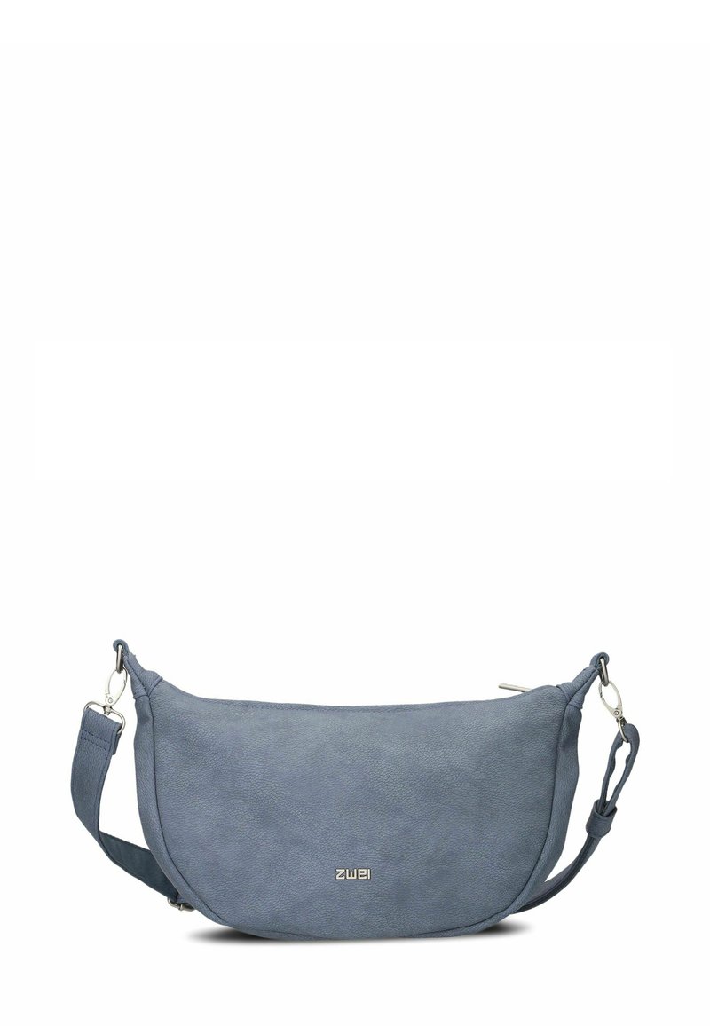 Borsa a tracolla in pelle blu con design curvo, hardware in argento e superficie testurizzata. Include tracolla regolabile. Logo del marchio visibile.