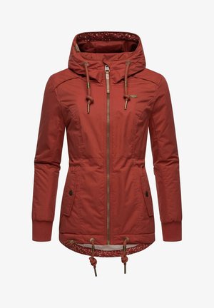 Veste à capuche pour femme de couleur rouille avec fermeture éclair frontale, cordons réglables à la capuche et à l'ourlet, poches avant à boutons et poignets côtelés.