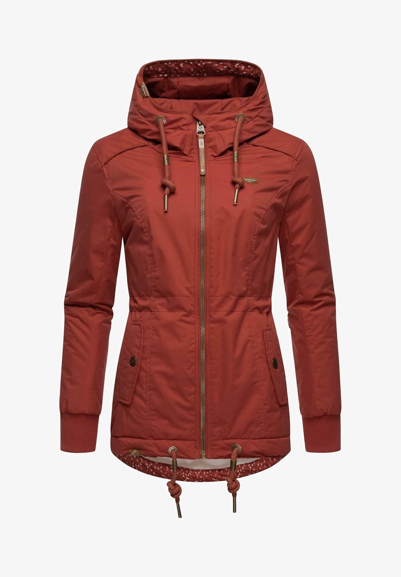 Veste à capuche pour femme de couleur rouille avec fermeture éclair frontale, cordons réglables à la capuche et à l'ourlet, poches avant à boutons et poignets côtelés.