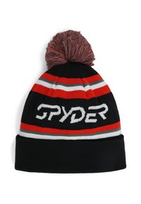 Zwarte gebreide beanie met rode, grijze en witte strepen, topped met een meerkleurige pompon. Voorzien van het "SPYDER" logo in het wit aan de voorkant.