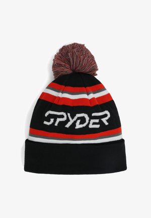 Gorro de punto negro con rayas rojas, grises y blancas, rematado con un pompón multicolor. Presenta el logo "SPYDER" en blanco en la parte delantera.