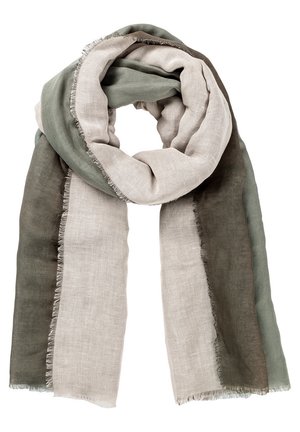 Tørklæde med brede lodrette striber i lys beige, olivent grøn og mørkebrun, med frynsete kanter og en blød, let stoftekstur.