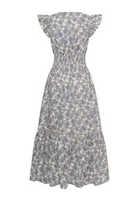 Robe midi avec imprimé floral bleu, manches papillon, taille smockée et jupe à volants sur fond blanc.