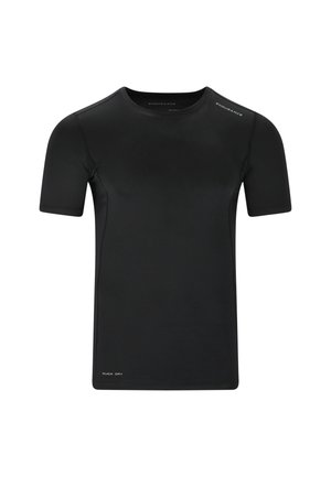 T-shirt de sport noir à manches courtes avec "ENDURANCE" sur l'épaule et "QUICK DRY" près de l'ourlet, présenté sur un fond blanc.