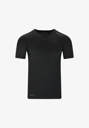 T-shirt de sport noir à manches courtes avec "ENDURANCE" sur l'épaule et "QUICK DRY" près de l'ourlet, présenté sur un fond blanc.