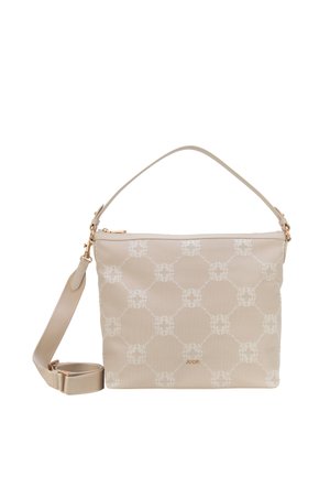 Bolso beige de hombro con correa desmontable, cierre de cremallera, patrón circular sutil y pequeño logo dorado en el frente.