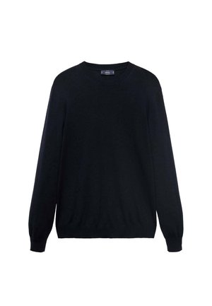 Suéter negro hecho de material suave, con cuello redondo, mangas largas y puños y dobladillo acanalados, con una textura suave.