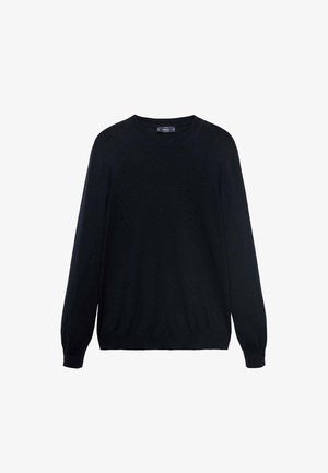 Pulover negru dintr-un material moale, cu un gât rotund, mâneci lungi și manșete și tiv ribbate, având o textură netedă.