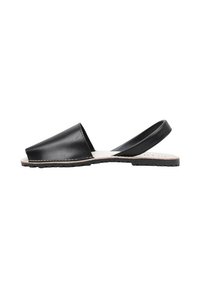 Sandalias slingback de cuero negro con diseño de punta abierta, suela plana y plantilla de color claro. Textura suave con detalles de costura mínimos.