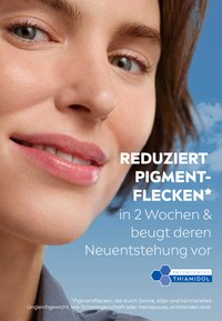 Close-up of a person's face with clear skin, light brown hair, and a natural makeup look. Text promotes a product for reducing pigmentation spots.
