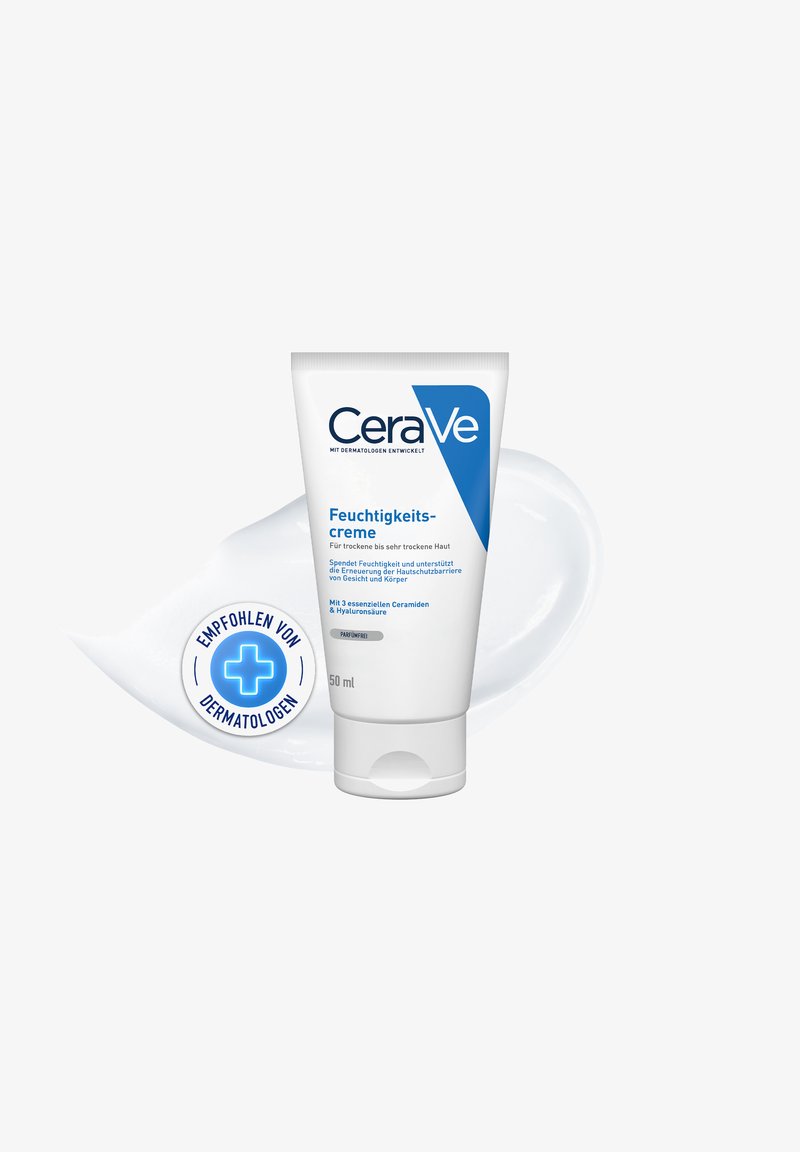 CeraVe moisturizing cream tube for dry to very dry skin with 3 essential ceramides, hyaluronic acid, and dermatologist recommendation badge.