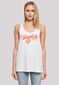 Weißes Tanktop mit "Honolulu"-Grafik in Rot und floralen Akzenten. Hergestellt aus weichem Material, lockerer Schnitt und runder Ausschnitt.