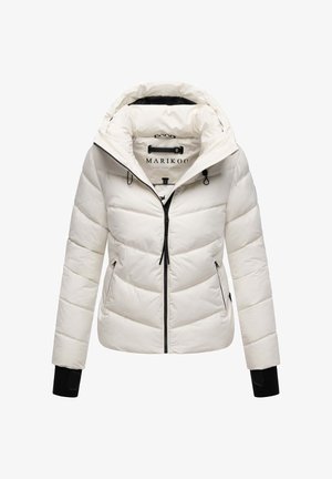 Giacca a vento bianca con cappuccio, dotata di zip frontale, dettagli neri sui polsini e imbottitura cucita per isolamento. Etichetta del marchio all'interno.