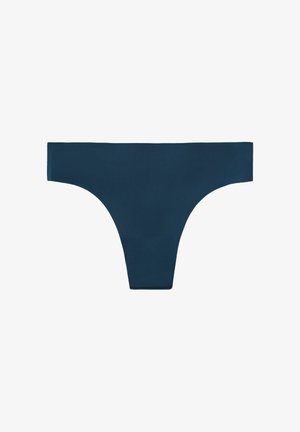 Tanga de color azul marino hecha de una tela lisa, con un diseño minimalista que cuenta con una cinturilla ancha y sin costuras visibles.