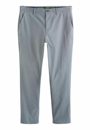 Chinos de algodón gris claro con un frente plano, bolsillos laterales y cierre de botón. Diseño de pierna recta, textura suave y ajuste clásico.