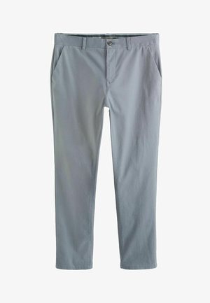Chinos in cotone grigio chiaro con fronte piatto, tasche laterali e chiusura con bottone. Design a gamba dritta, texture liscia e vestibilità classica.