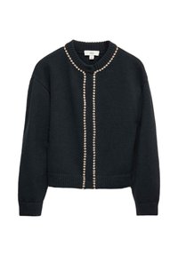 Suéter negro de punto con escote redondo y diseño cropped, que presenta una línea de cuentas decorativas de color claro en la parte frontal.