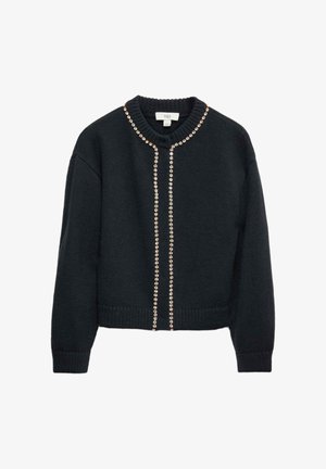 Black knitted sweater with a round neckline and cropped design, featuring a line of decorative light-colored beads along the front.