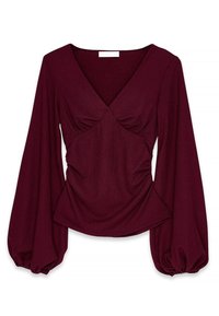 Burgundska dolga majica z dolgimi rokavi in V-izrezom, z nabranimi detajli na prsih ter napihnjenimi rokavi z elastičnimi manšetami. Teksturna tkanina.