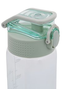 Translucent white plastic water bottle with a matte light green lid, a flip-top spout, and textured grip areas near the base.
