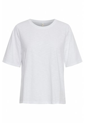 White short-sleeve t-shirt with a round neckline, made of lightweight fabric, featuring a relaxed fit and soft texture. No patterns or accents.