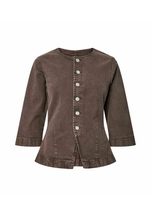 Rjava denimska jakna s okroglim izrezom, rokavi do tričetrtine, zapiranje spredaj z šestimi gumbi in nabrano spodnjem robu.