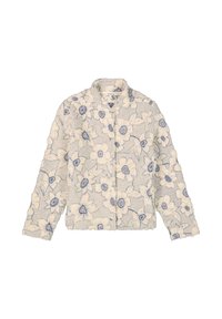 Cremfarbener Texturjacke mit blauen Blumendrucken und Knopfverschluss, mit Kragen und langen Ärmeln.