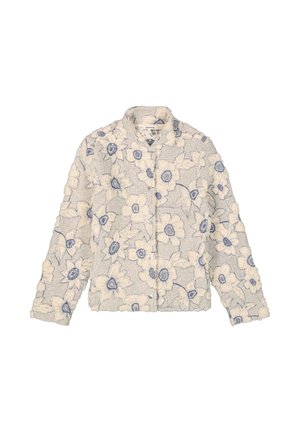 Cremfarbener Texturjacke mit blauen Blumendrucken und Knopfverschluss, mit Kragen und langen Ärmeln.