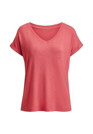 Korallrosa kurzärmeliges Damen-T-Shirt mit V-Ausschnitt, lockerem Schnitt, aufgekrempelten Ärmelbündchen und weichem, strukturiertem Stoff.