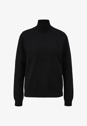 Zwarte coltrui gemaakt van zachte stof, met lange mouwen, een aansluitend ontwerp en geribbelde details bij de kraag en manchetten.