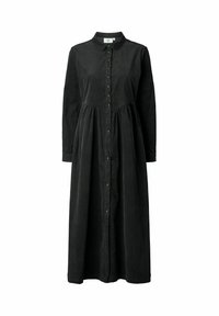 Rochie din fâș cu guler, mâneci lungi și închidere cu nasturi; are elastic în talie, design până la podea.
