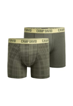 Muskelbepackter Mann mit braunen Haaren, der grüne karierte Boxer-Shorts mit gelbem "CAMP DAVID"-Bund trägt, steht vor einem einfarbig hellen Hintergrund.