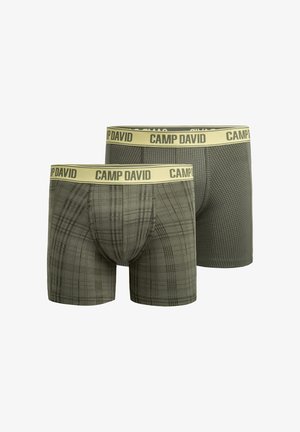 Muscular man with brown hair wearing green plaid boxer briefs with yellow "CAMP DAVID" waistband, standing against plain light background.