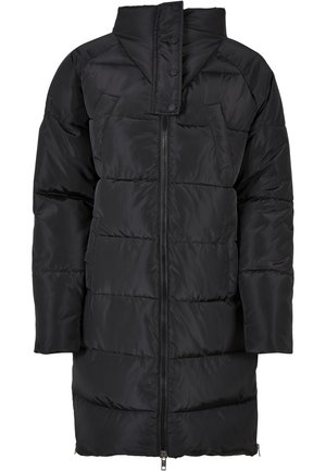 Black puffer coat with long sleeves, high collar, zip front closure, and horizontal quilted pattern. Smooth, water-resistant fabric.