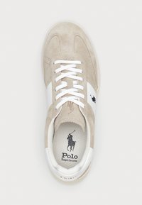 Sneaker beige in suede con dettagli in pelle bianca, punta rotonda, lacci bianchi e logo Polo nero sul lato. Soletta testurizzata con nome del marchio.