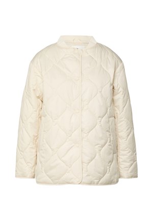 Kremowa, pikowana kurtka z okrągłym dekoltem, długimi rękawami oraz zapięciem na zatrzaski, ozdobiona wzorem w kształcie diamentów.