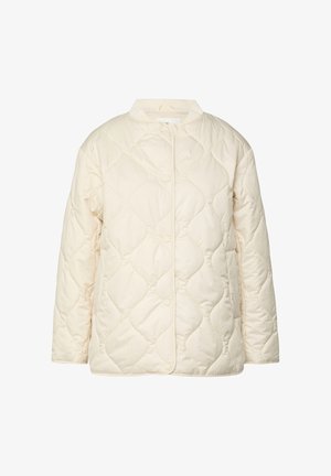 Veste matelassée crème avec encolure ronde, manches longues et fermeture à boutons-pression, présentant un motif de piqûres en forme de losange.