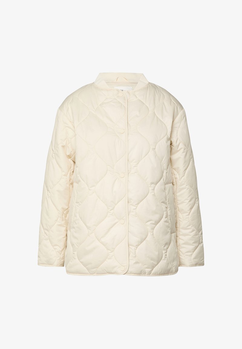 Cremefarbene gesteppte Jacke mit rundem Ausschnitt, langen Ärmeln und Druckknopfverschluss, mit einem diamantförmigen Steppmuster.