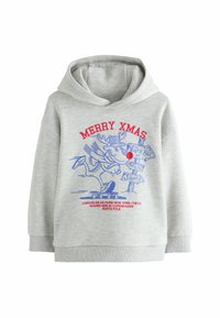 Lys grå hoodie med snoretræk i hætten. Har et farverigt grafik af en elg, der står på skate, samt vejskilt. Teksten "GLÆDELIG JUL" er fremtrædende.