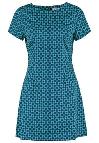 Robe à manches courtes en tissu bleu marine avec un motif géométrique de cercles turquoise. Coupe droite avec une fermeture éclair au dos.