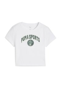 Kaksi lyhythihaista crop-topia, joka on valmistettu puuvillasta. Etupuolella on tummanvihreä "PUMA SPORTS" -teksti ja keskellä pyöreä logo. Pintamateriaali on sileä.