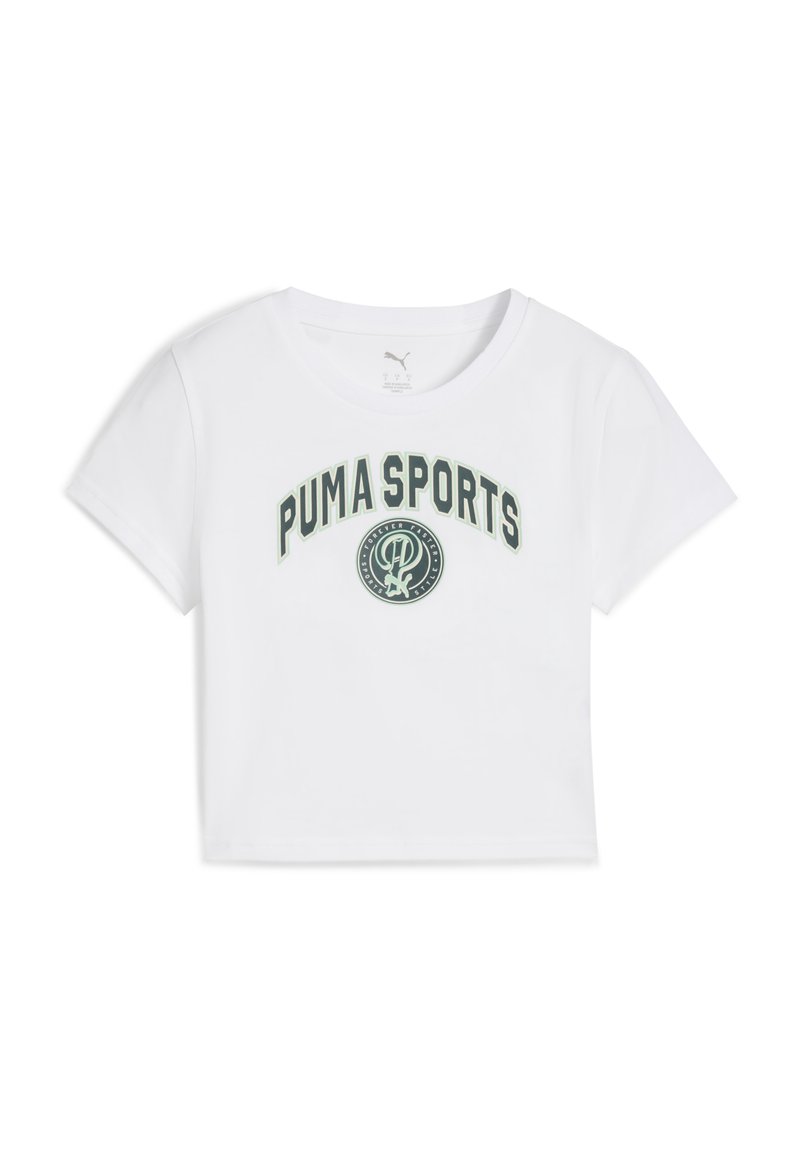 Kaksi lyhythihaista crop-topia, joka on valmistettu puuvillasta. Etupuolella on tummanvihreä "PUMA SPORTS" -teksti ja keskellä pyöreä logo. Pintamateriaali on sileä.