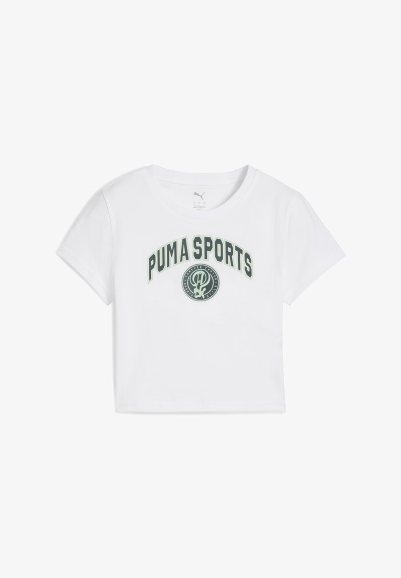 White short-sleeve crop top made of cotton, featuring “PUMA SPORTS” text in dark green and a circular logo in the center. Smooth texture.