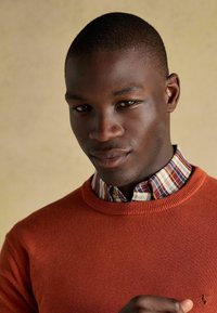 Spálená oranžová sveter s okrúhlym výstrihom, prehodený cez viacfarebnú kockovanú košelu. Hladká textúra s ozdobným golierom a manžetami.