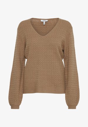 Svijetlosmeđi pleteni pulover s V-izrezom, dugim rukavima, teksturiranim uzorkom te rebrastim rubovima i donjim dijelom. Napravljen od meke mješavine tkanina.